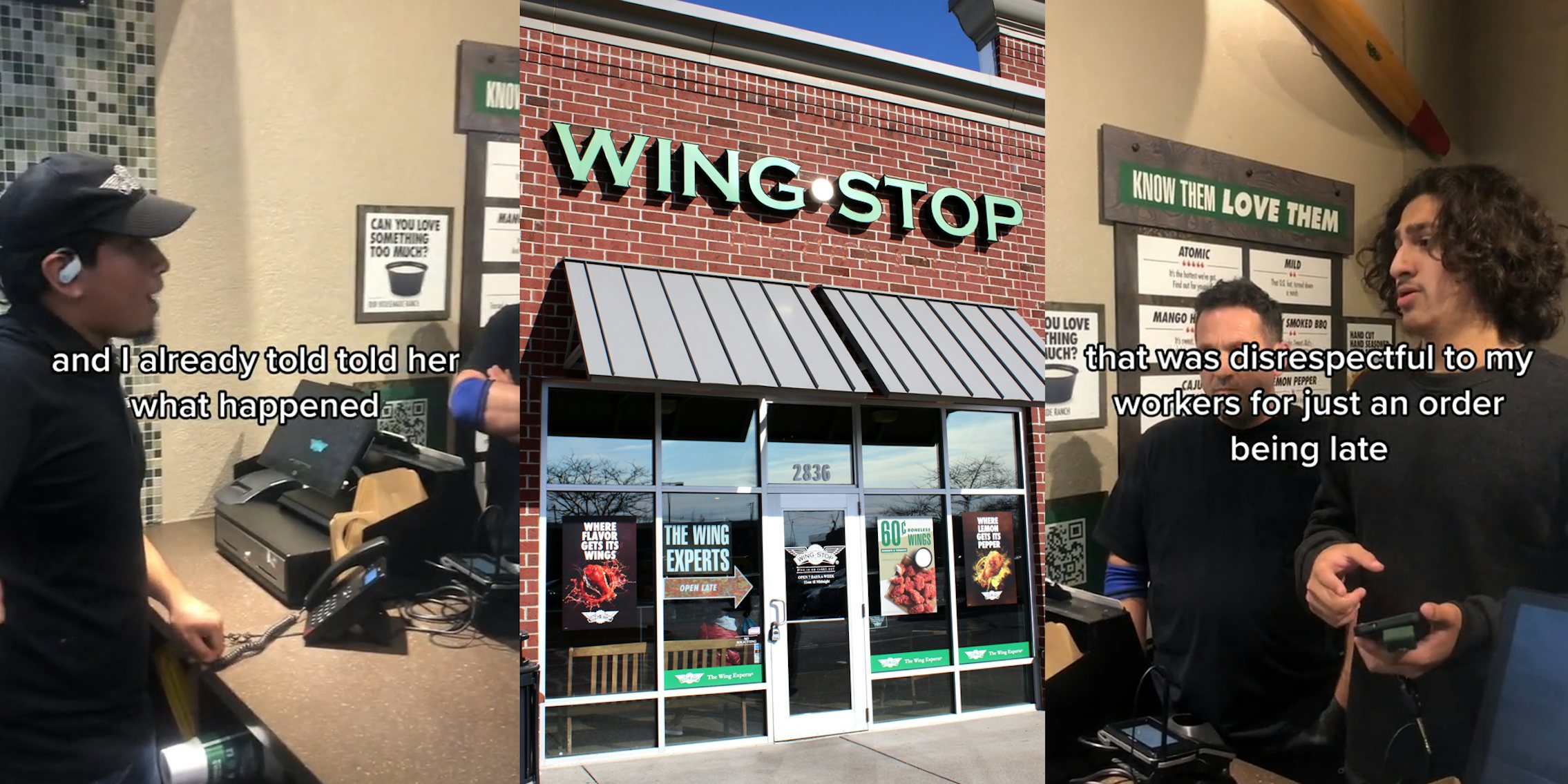Wing Stop employee behind register speaking to DoorDash driver caption 'and I already told her what happened' (l) Wing Stop building with sign (c) DoorDash driver at register at Wing Stop caption 'that was disrespectful to my workers for just and order being late' (r)