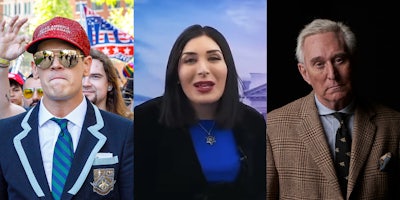 Milo Yiannopoulos (l) Laura Loomer (c) Roger Stone (r)