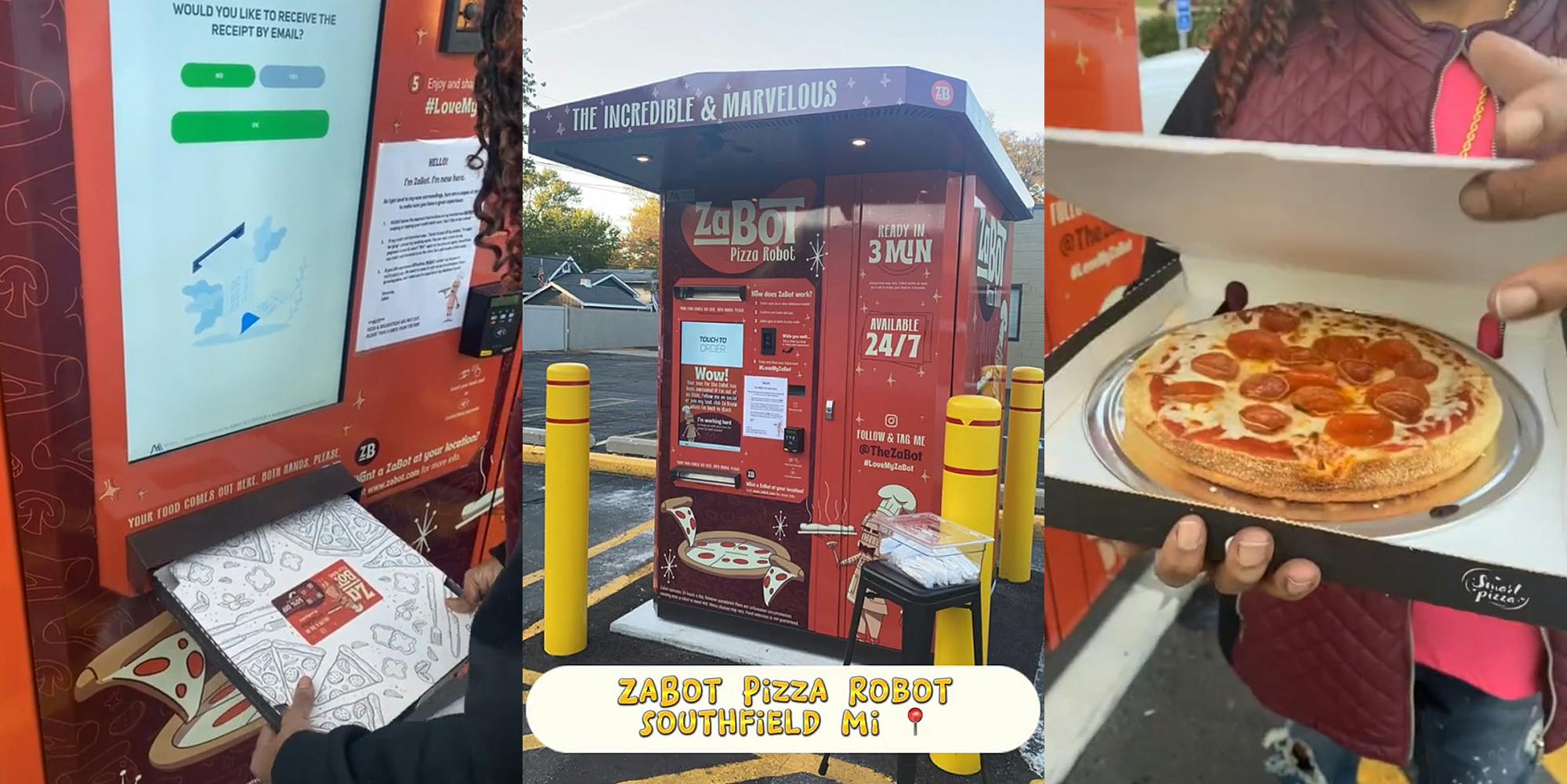 woman pulling pizza box out of slot in Zabot pizza robot (l) Zabot pizza robot in parking lot with caption "Zabot Pizza Robot Southfield Mi" (c) woman pulling top to pizza box up revealing pizza (r)