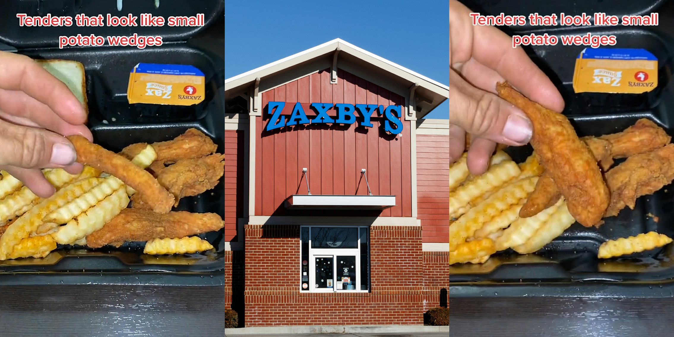 man hand holding chicken tender caption 'Tenders look like small potato wedges' (l) Zaxby's building with sign (c) man hand holding chicken tender caption 'Tenders look like small potato wedges' (r)