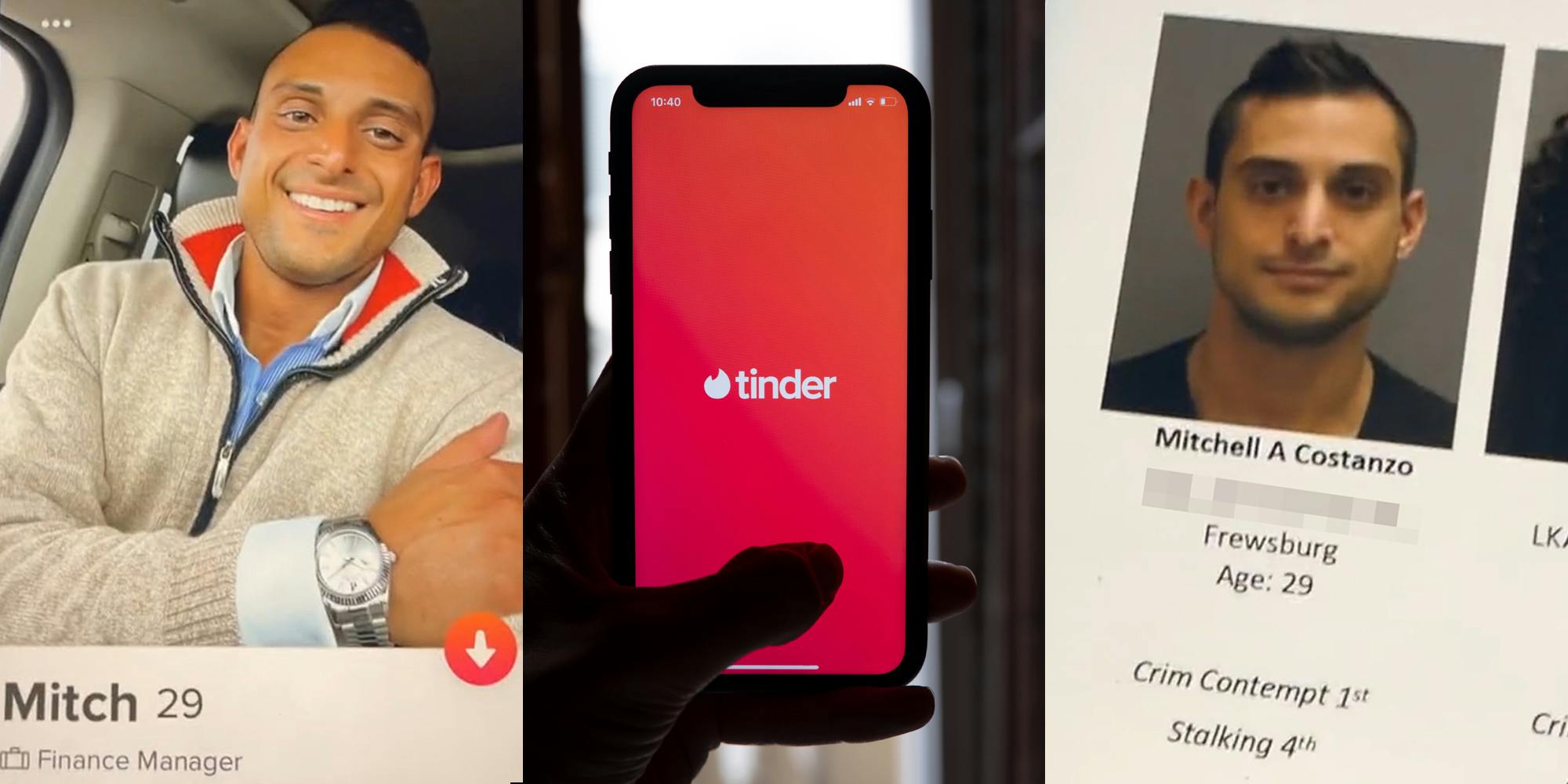Man Tinder profile "Mitch" (l) hand holding phone with Tinder on screen (c) man on Wanted list "Mitchell A Costanzo Crim Contempr 1st Stalking 4th" (r)