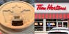 Tim Hortons coffee with cardboard lid (l) Tim Hortons building with sign (r)