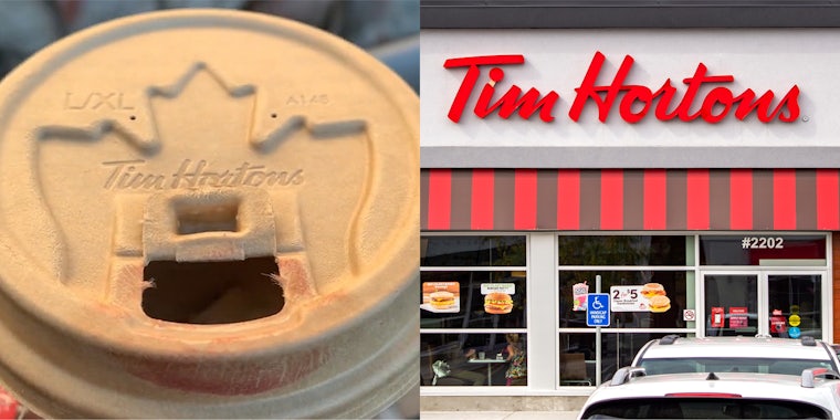 Tim Hortons coffee with cardboard lid (l) Tim Hortons building with sign (r)