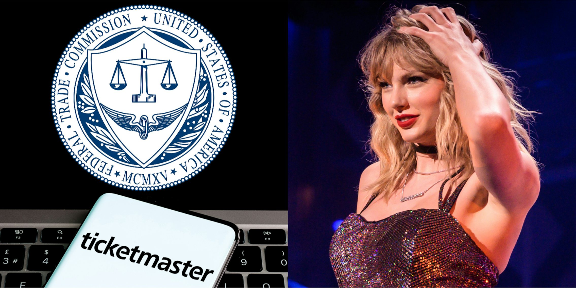 FTC logo on laptop screen with phone on keyboard displaying Ticketmaster logo (l) Taylor Swift in front of blue background (r)