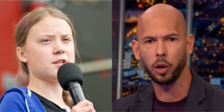 Greta Thunberg speaking into microphone (l) Andrew Tate speaking on Piers Morgan (r)