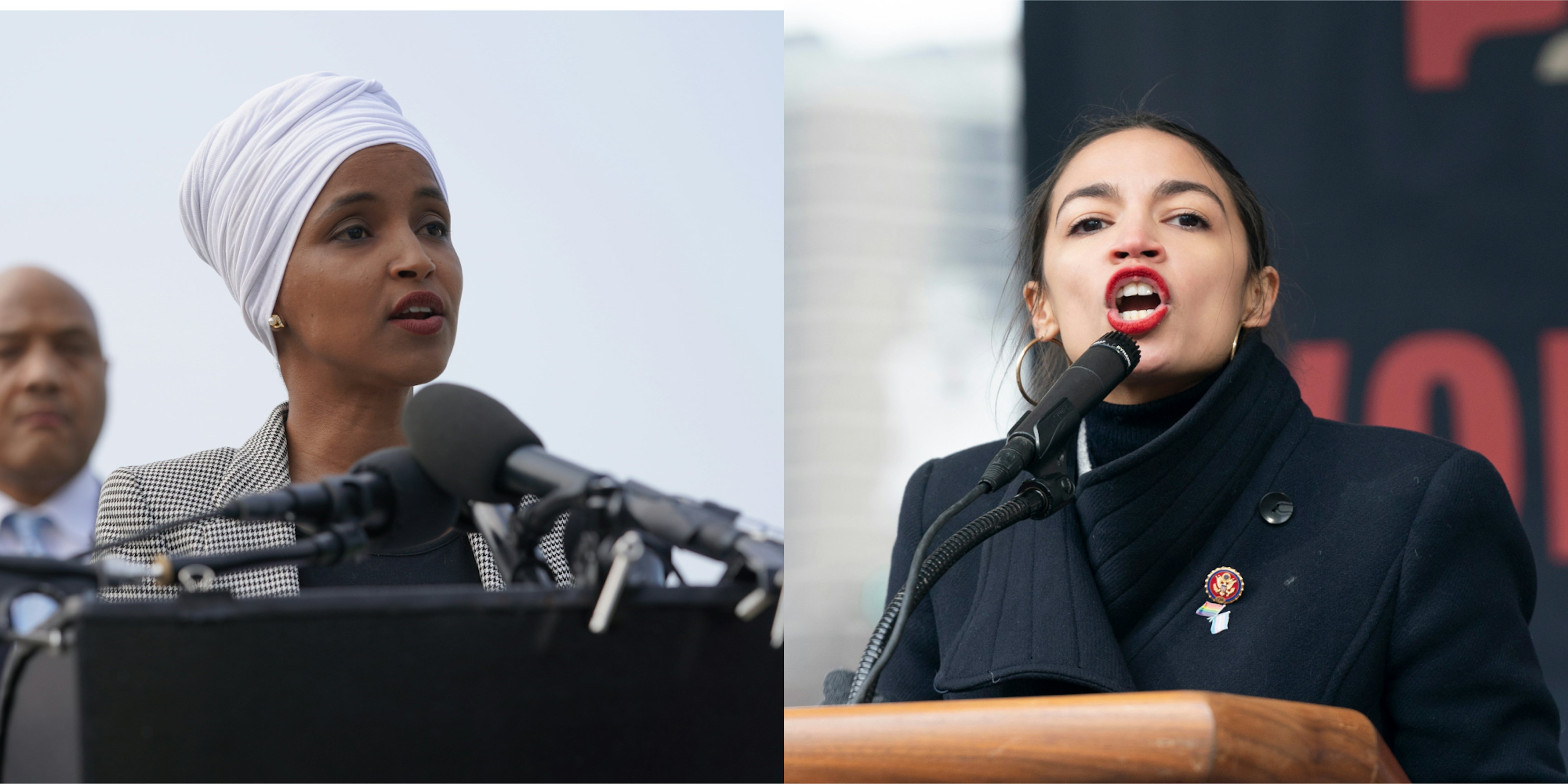 Ilhan Omar speaking into microphone in front of light gray background (l) Alexandria Ocasio-Cortez speaking in to microphone in front of black and red background (r)