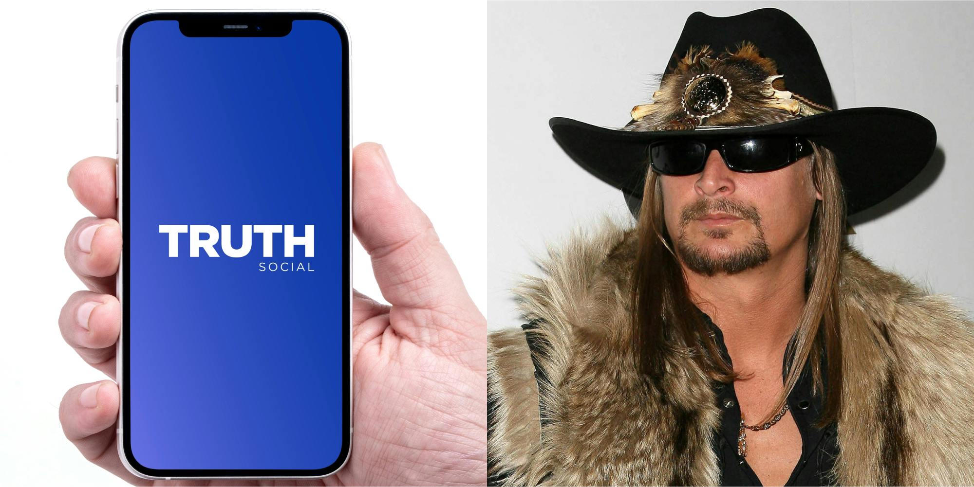 Truth Social on phone in hand in front of white background (l) Kid Rock in front of gray background (r)