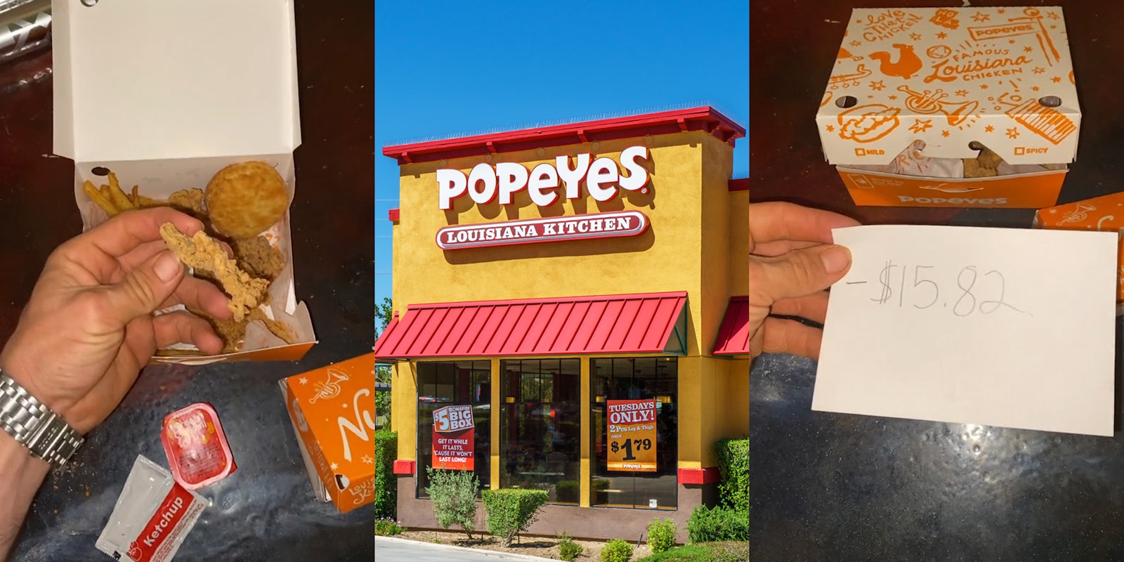 man holding Popeyes chicken over box (l) Popeyes sign on building (c) man holding index card with '-$15.82' written in pen (r)