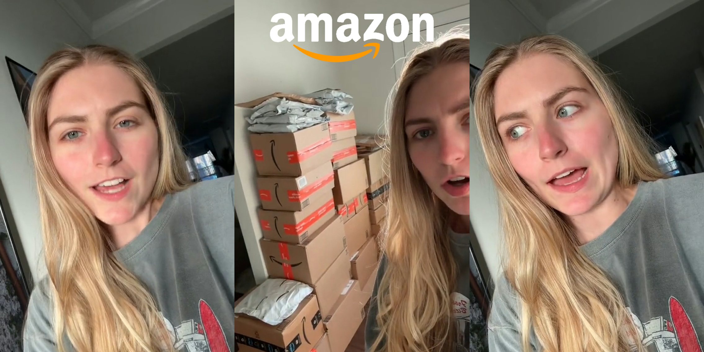 woman speaking in front of gray walls (l) woman speaking next to Amazon packages stacked at wall with Amazon logo above (c) woman speaking in front of gray walls (r)