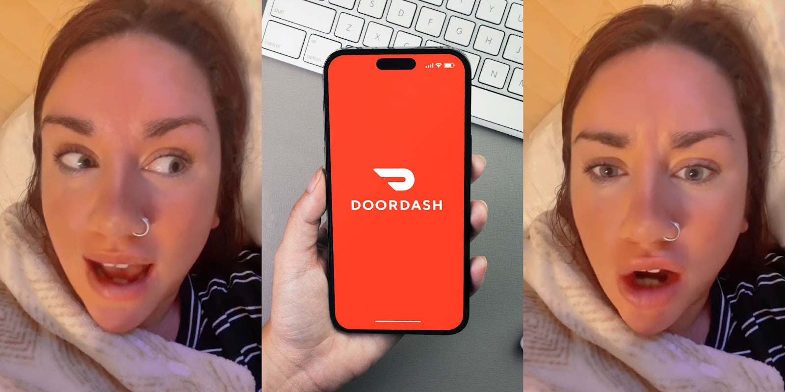 woman laying in bed speaking (l) hand holding phone with DoorDash on screen in front of keyboard (c) woman laying in bed speaking (r)