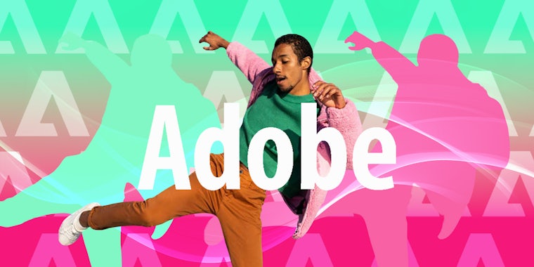 Adobe logo white centered over man kicking leg up in front of Adobe pattern vertical green to pink background Passionfruit Remix