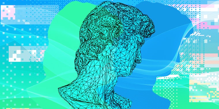 low poly bust sculpture of a human head on blue to green pixel background Passionfruit Remix