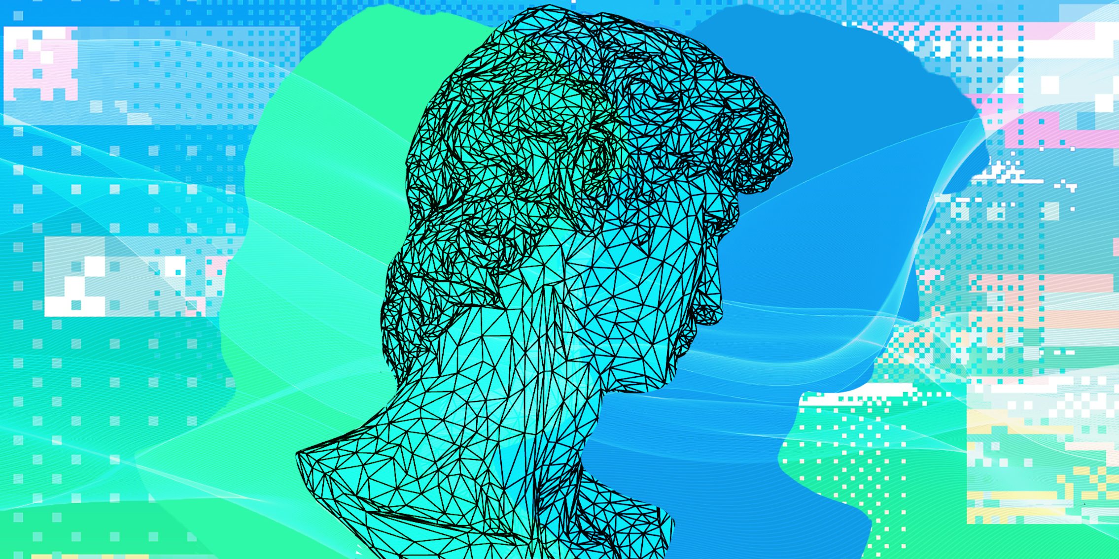 low poly bust sculpture of a human head on blue to green pixel background Passionfruit Remix