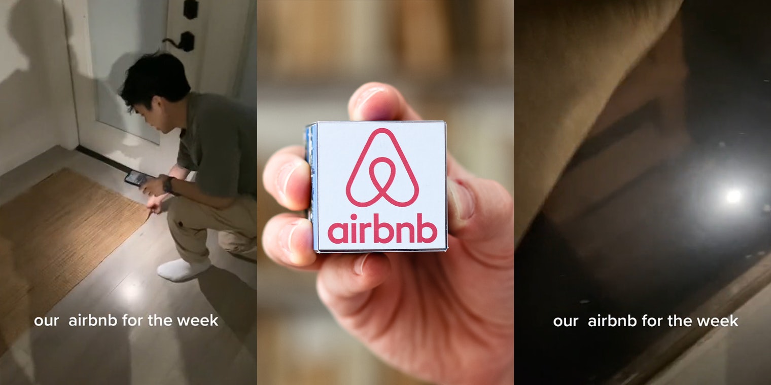 man holding edge of carpet on floor caption 'our airbnb for the week' (l) hand holding paper cube with Airbnb logo on it (c) carpet lifted to reveal secret room caption 'our airbnb for the week' (r)