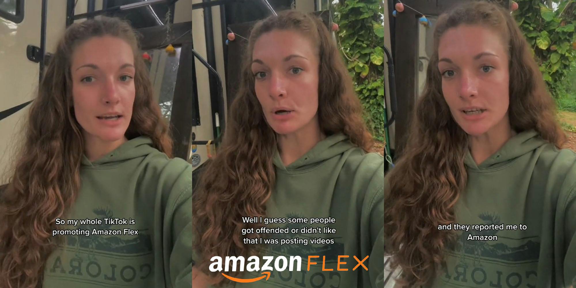 woman speaking outside caption "So my whole TikTok is promoting Amazon Flex" (l) woman speaking outside caption "Well I guess some people got offended or didn't like that I was posting videos" with Amazon Flex logo centered at bottom (c) woman speaking outside caption "and they reported me to Amazon" (r)