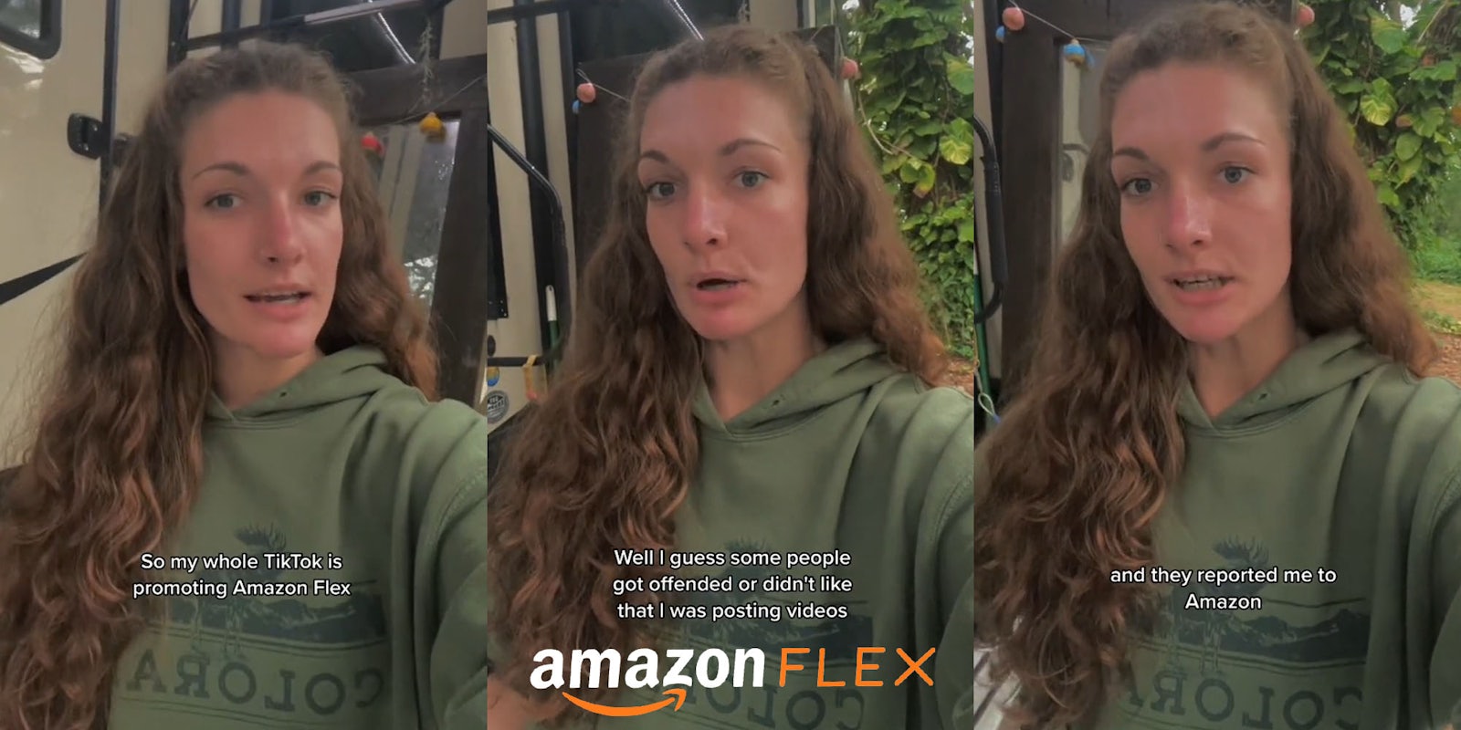 woman speaking outside caption 'So my whole TikTok is promoting Amazon Flex' (l) woman speaking outside caption 'Well I guess some people got offended or didn't like that I was posting videos' with Amazon Flex logo centered at bottom (c) woman speaking outside caption 'and they reported me to Amazon' (r)