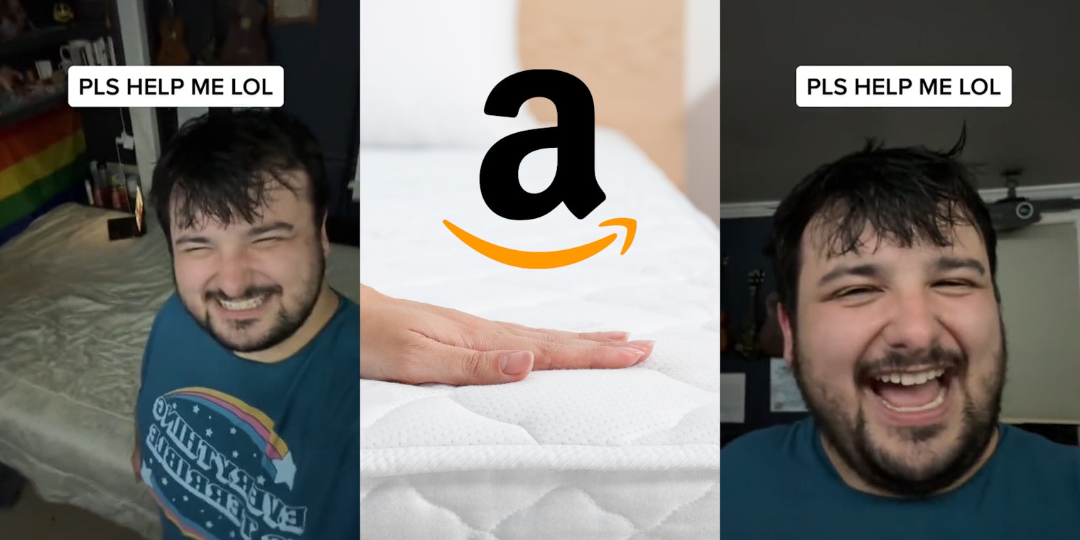 man speaking next to bed caption 'PLS HELP ME LOL' (l) hand on mattress with Amazon logo above (c) man speaking caption 'PLS HELP ME LOL' (r)