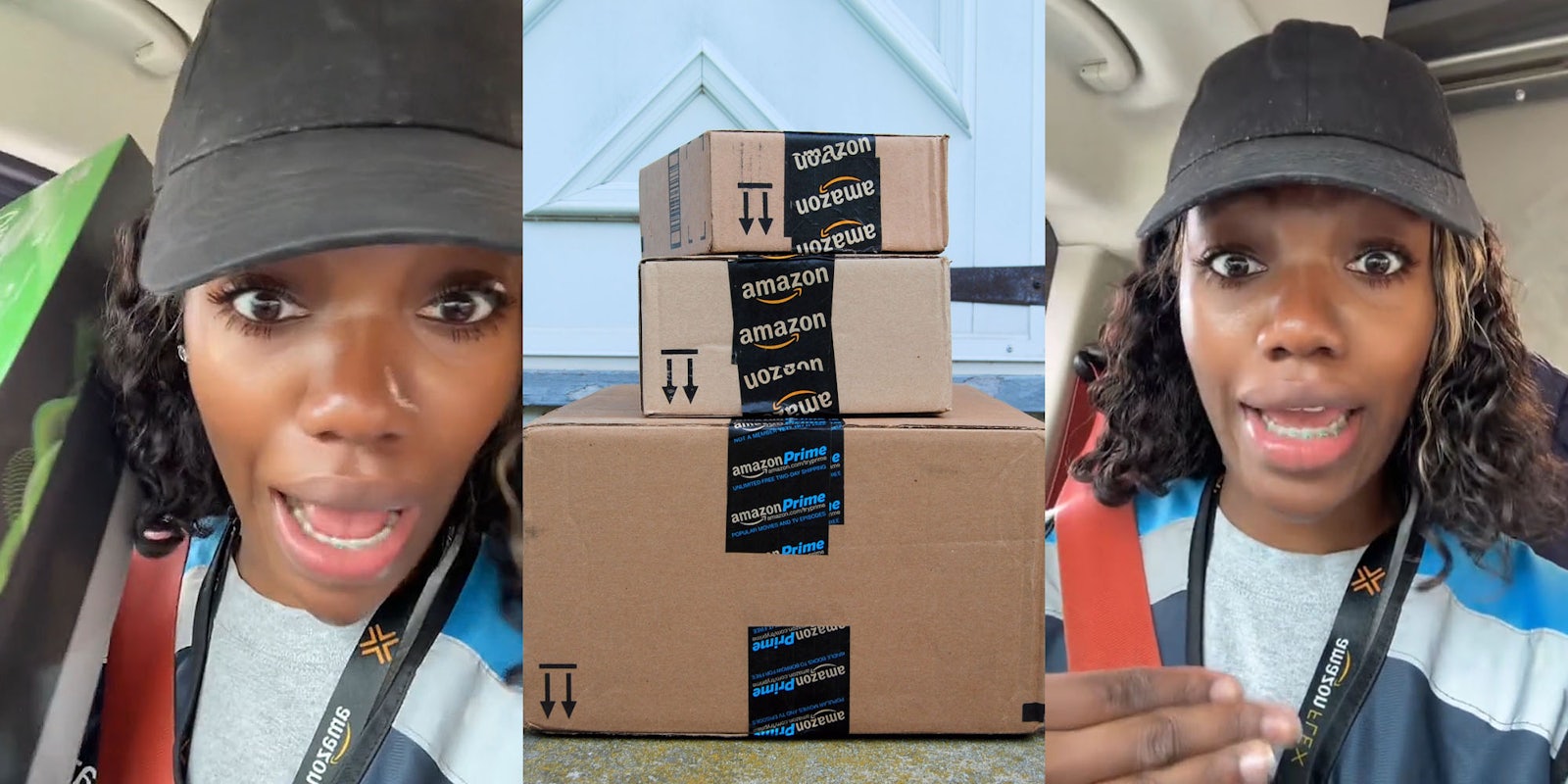Amazon delivery driver speaking in truck holding item not inside box (l) Amazon packages delivered at doorstep (c) Amazon delivery driver speaking in truck (r)