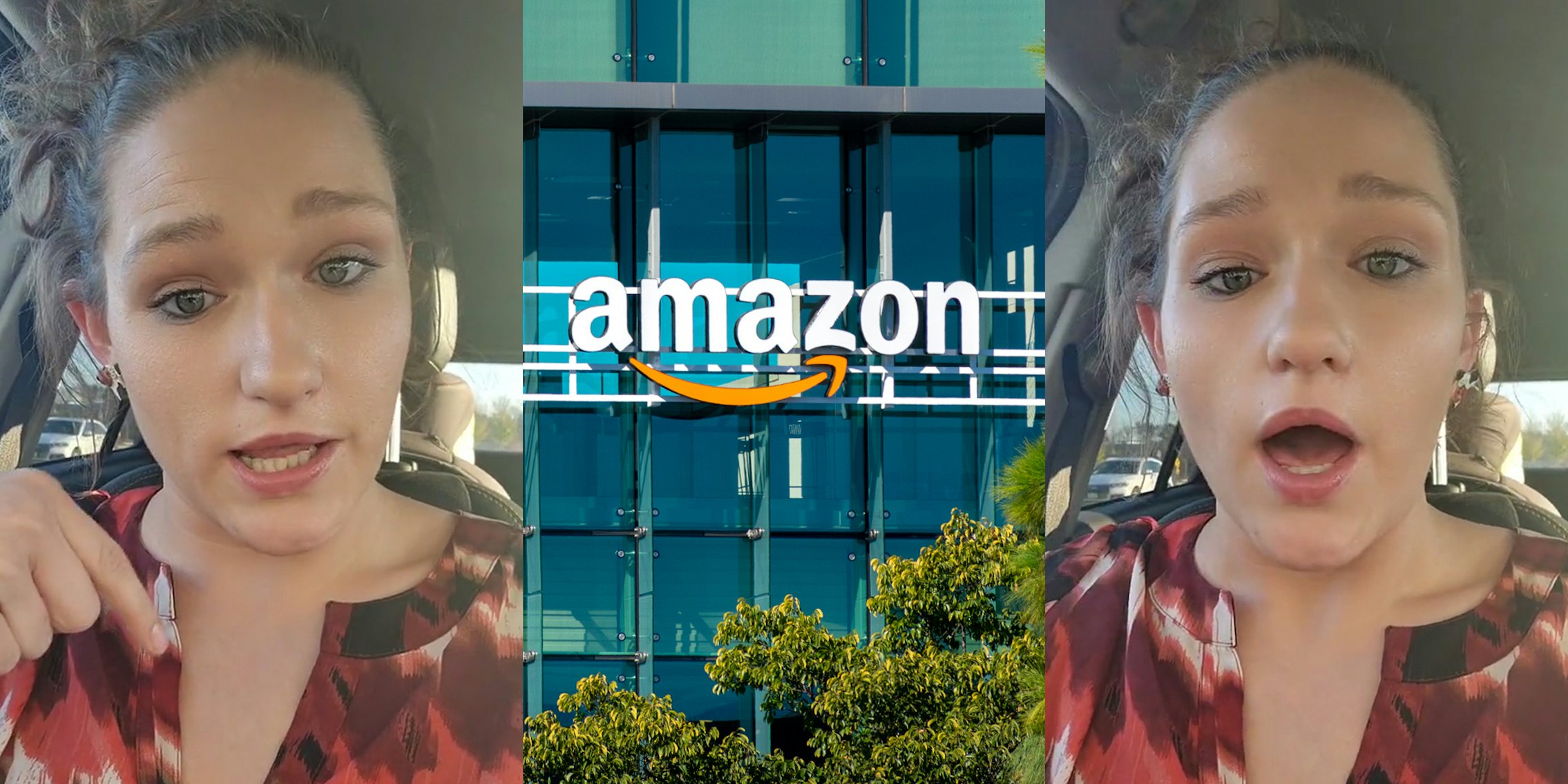Former Amazon worker speaking in can pointing down (l) Amazon sign on building (c) Former Amazon worker speaking in car (r)