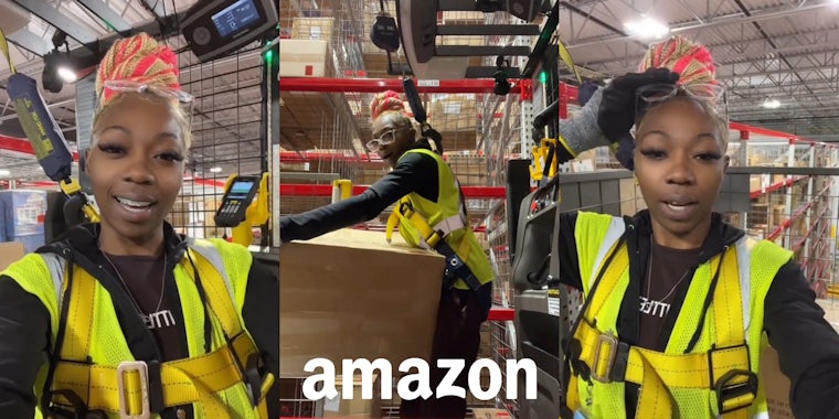 Amazon worker in work outfit speaking (l) Amazon worker lifting box with Amazon logo at bottom (c) Amazon worker speaking on equipment (r)