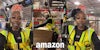 Amazon worker in work outfit speaking (l) Amazon worker lifting box with Amazon logo at bottom (c) Amazon worker speaking on equipment (r)