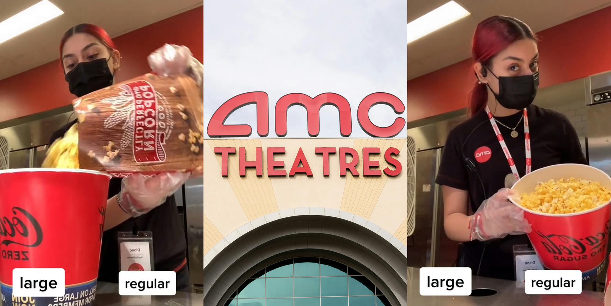 AMC employee pouring 'regular' size popcorn into 'large' (l) AMC Theaters sign on building (c) AMC employee holding up full 'large' popcorn bin with 'large' and 'regular' captions below (r)