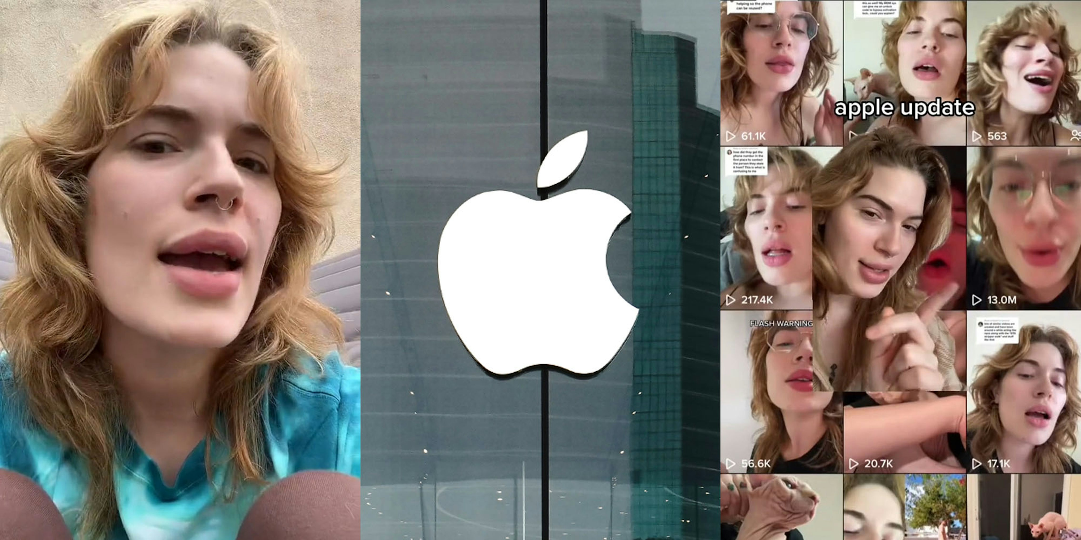 former Apple employee speaking (l) Apple logo on corporate building window (c) woman greenscreen TikTok over her TikTok account (r)