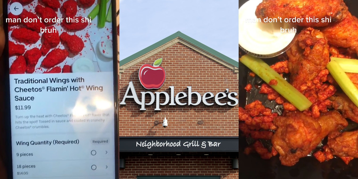Applebee's online ordering with image of Traditional Wings with Cheetos Flamin' Hot Wing Sauce with caption 'man don't order this shi bruh' (l) Applebee's sign on building with blue sky (c) Applebee's wings with Cheetos in black container caption 'man don't order this shi bruh' (r)