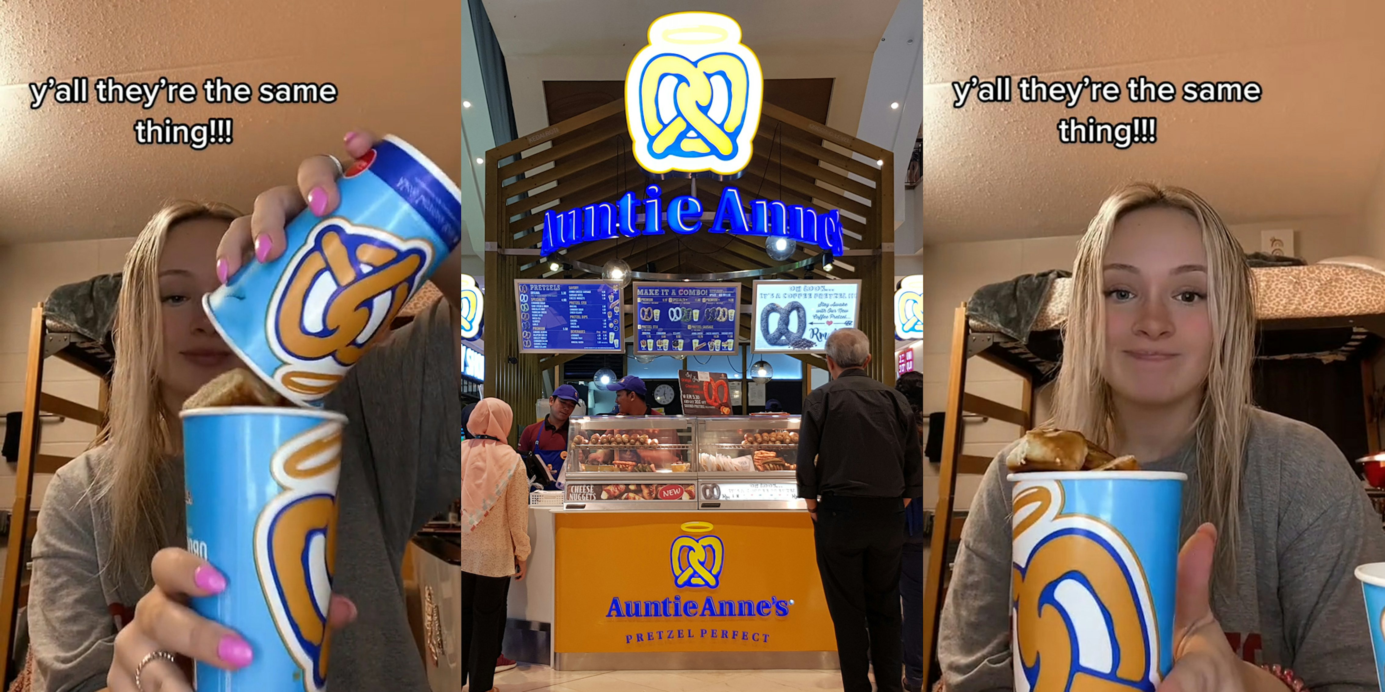 woman pouring smaller cup of Auntie Anne's pretzels into larger cup size caption 'y'all they're the same thing!!!' (l) Auntie Anne's stand in mall with sign (c) woman holding full Auntie Anne's cup of pretzels caption 'y'all they're the same thing!!!' (r)