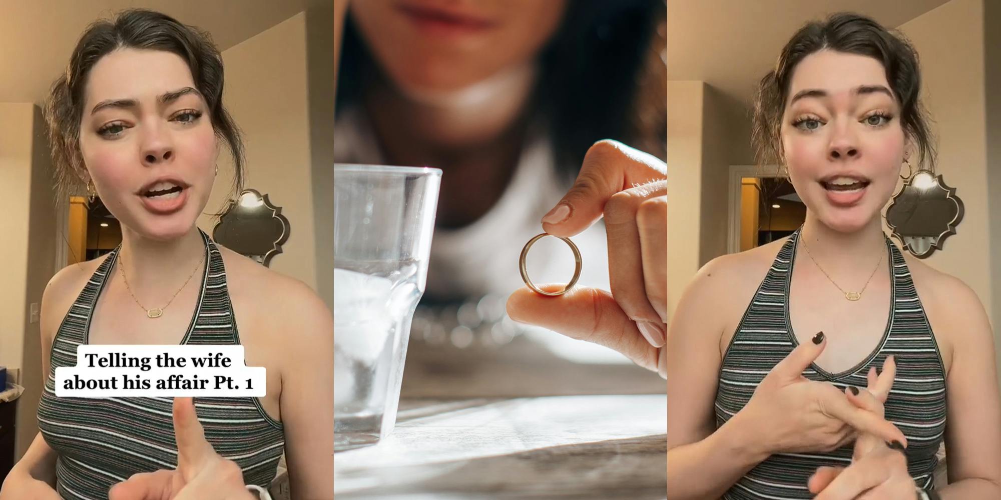 bartender speaking with finger pointing towards caption "Telling the wife about his affair Pt.1" (l) person holding wedding ring next to beverage (c) bartender counting talking points on fingers speaking (r)