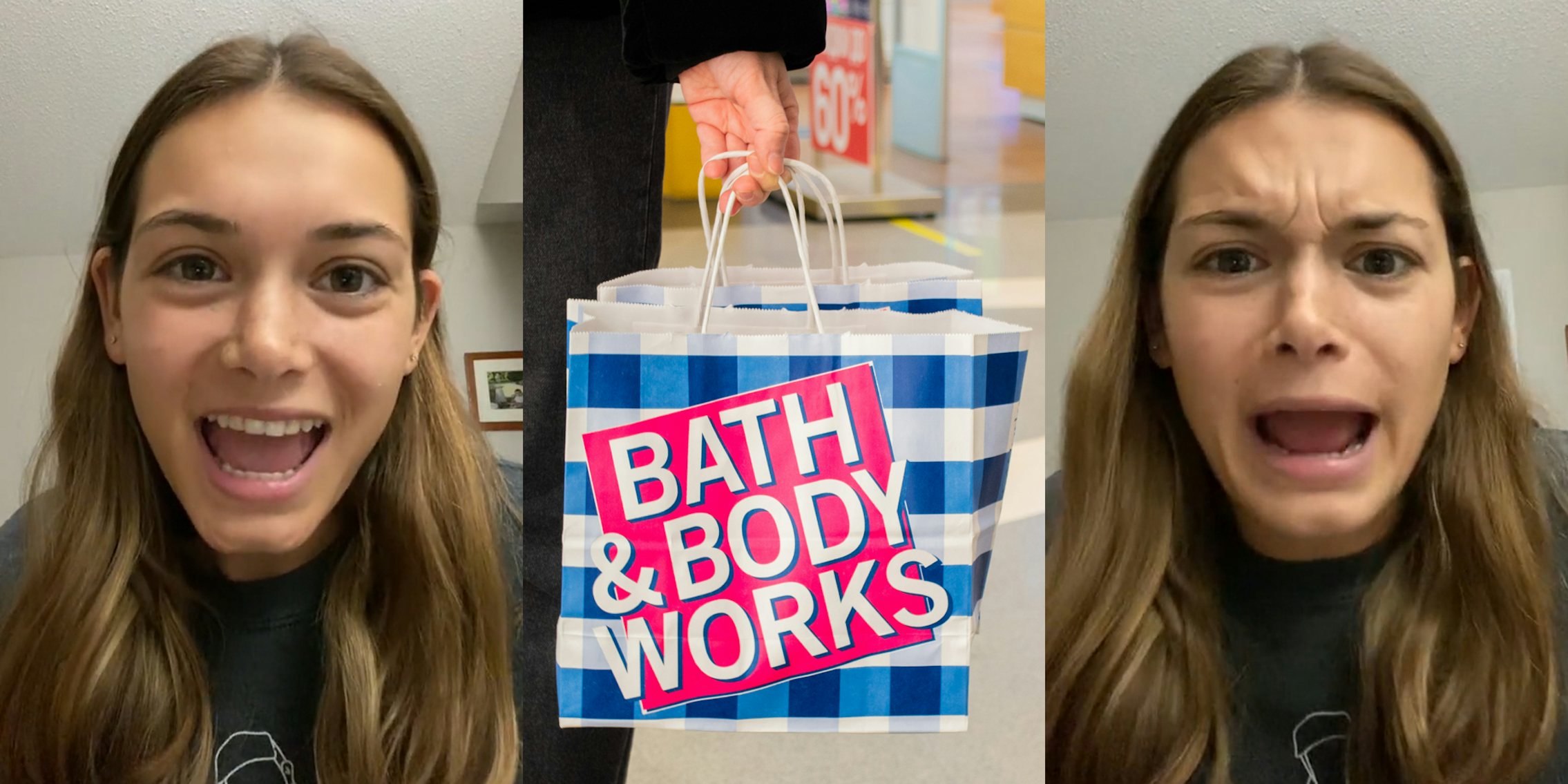 former Bath & Body Works employee speaking (l) Bath & Body Works bag in hand at mall (c) former Bath & Body Works employee speaking (r)