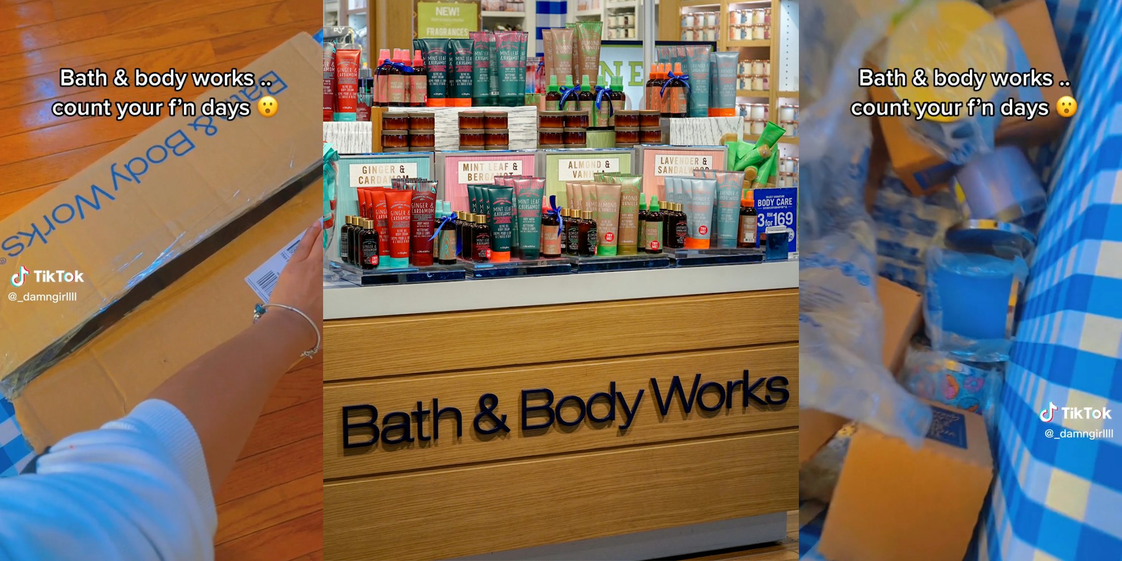 woman opening box of Bath and Body Works items