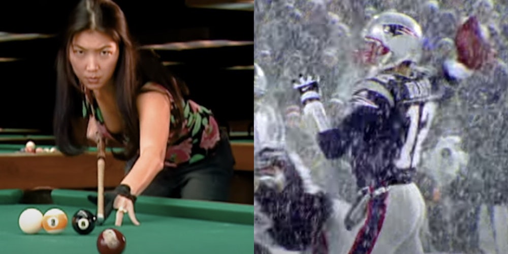 A side-by-side image of pool player Jeanette Lee leaning over a pool table with cue in hand on the left and NFL quarterback Tom Brady poised to throw a football in the snow on the right.