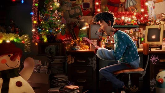 best Christmas movies streaming - A computer animated image of a young man in a room decorated for Christmas sitting at a desk holding a red piece of paper.