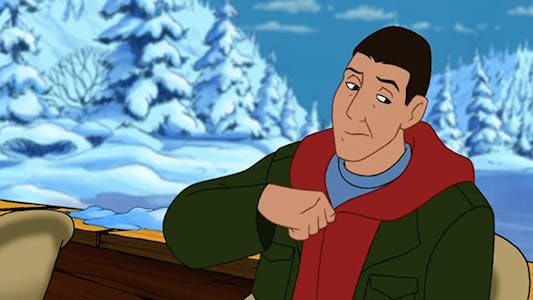 An animated Adam Sandler zipping up his hoodie with a snowy landscape in the background.