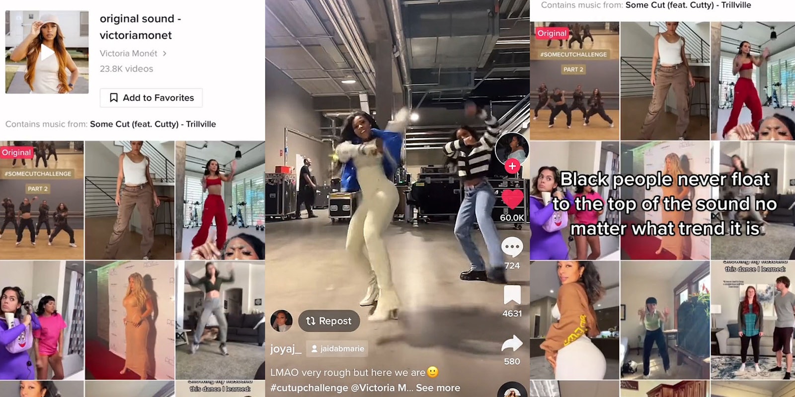 TikTok sound with top videos (l) TikTok video with 60k views (c) TikTok sound with top videos caption 'Black people never float to the top of the sound no matter what trend it is' (r)