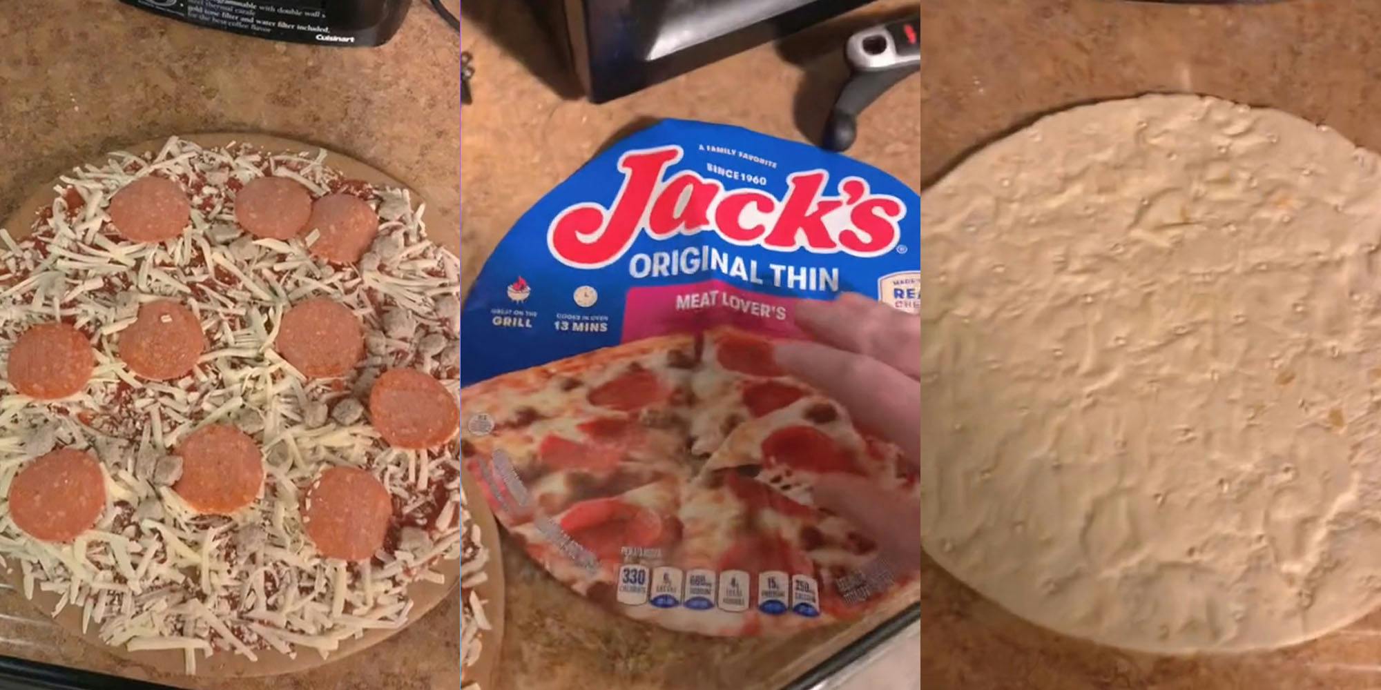 pizza toppings on cardboard on counter (l) Jack's original thin meat lover's pizza packaging on counter (c) pizza dough on counter (r)
