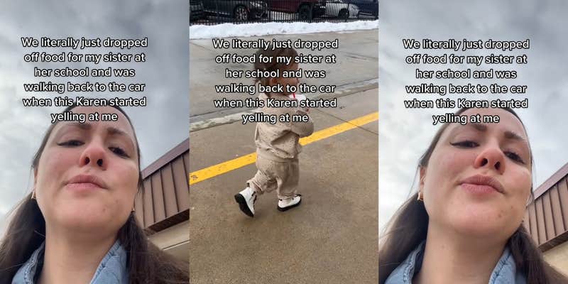 woman outside caption "We literally just dropped off food for my sister at her school and was walking back to the car when this Karen started yelling at me" (l) little kid walking outside while drinking from straw caption "We literally just dropped off food for my sister at her school and was walking back to the car when this Karen started yelling at me" (c) "We literally just dropped off food for my sister at her school and was walking back to the car when this Karen started yelling at me" (r)