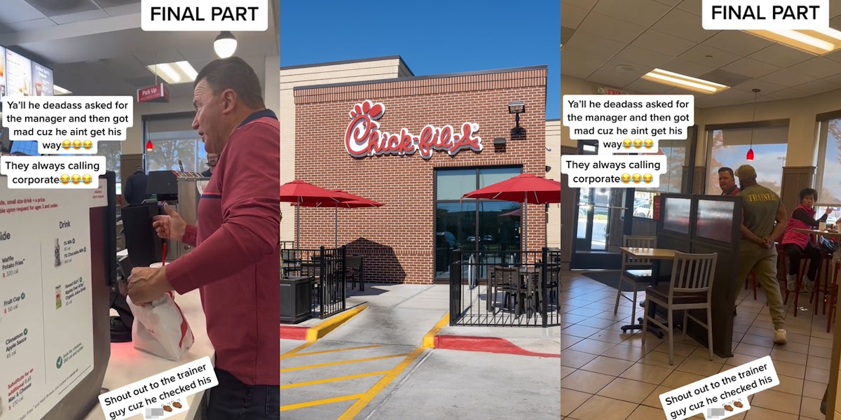 man inside Chick-Fil-A speaking caption 'FINAL PART' 'Y'all he deadass asked for the manager and then got mad cuz he ain't get his way' 'They always calling corporate' 'Shout out to the trainer guy cuz he checked his blank' (l) Chick-Fil-A sign on building (c) men inside Chick-Fil-A speaking caption 'FINAL PART' 'Y'all he deadass asked for the manager and then got mad cuz he ain't get his way' 'They always calling corporate' 'Shout out to the trainer guy cuz he checked his blank' (r)