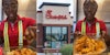 Chick-Fil-A worker putting sauce on chicken and fries in clear container (l) Chick-Fil-A sign on building (c) Chick-Fil-A worker holding chicken and fries with sauce in clear container (r)