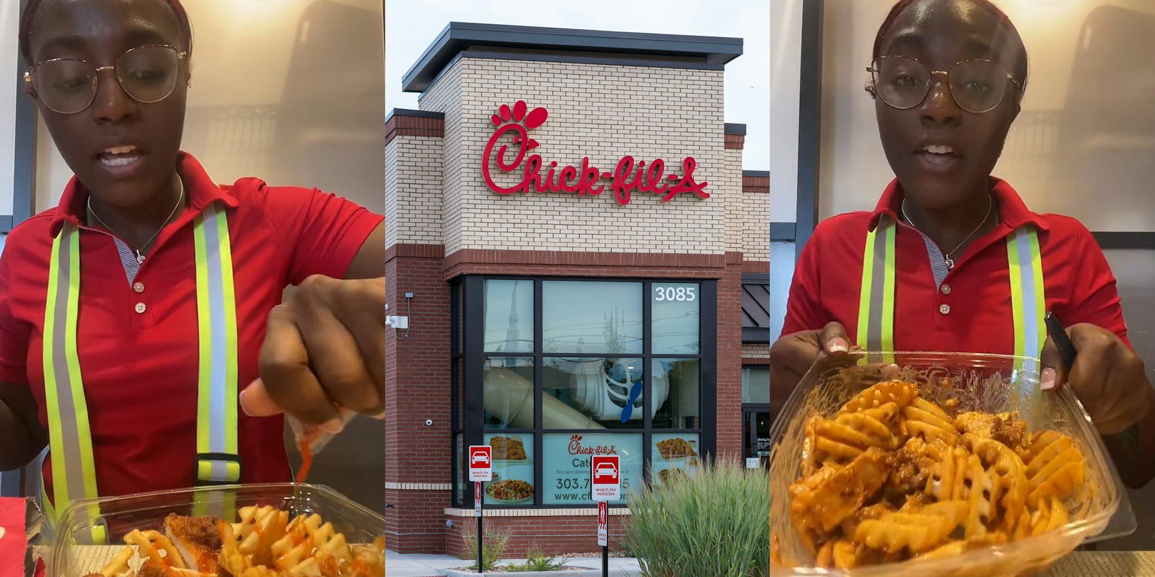 Chick-Fil-A worker putting sauce on chicken and fries in clear container (l) Chick-Fil-A sign on building (c) Chick-Fil-A worker holding chicken and fries with sauce in clear container (r)