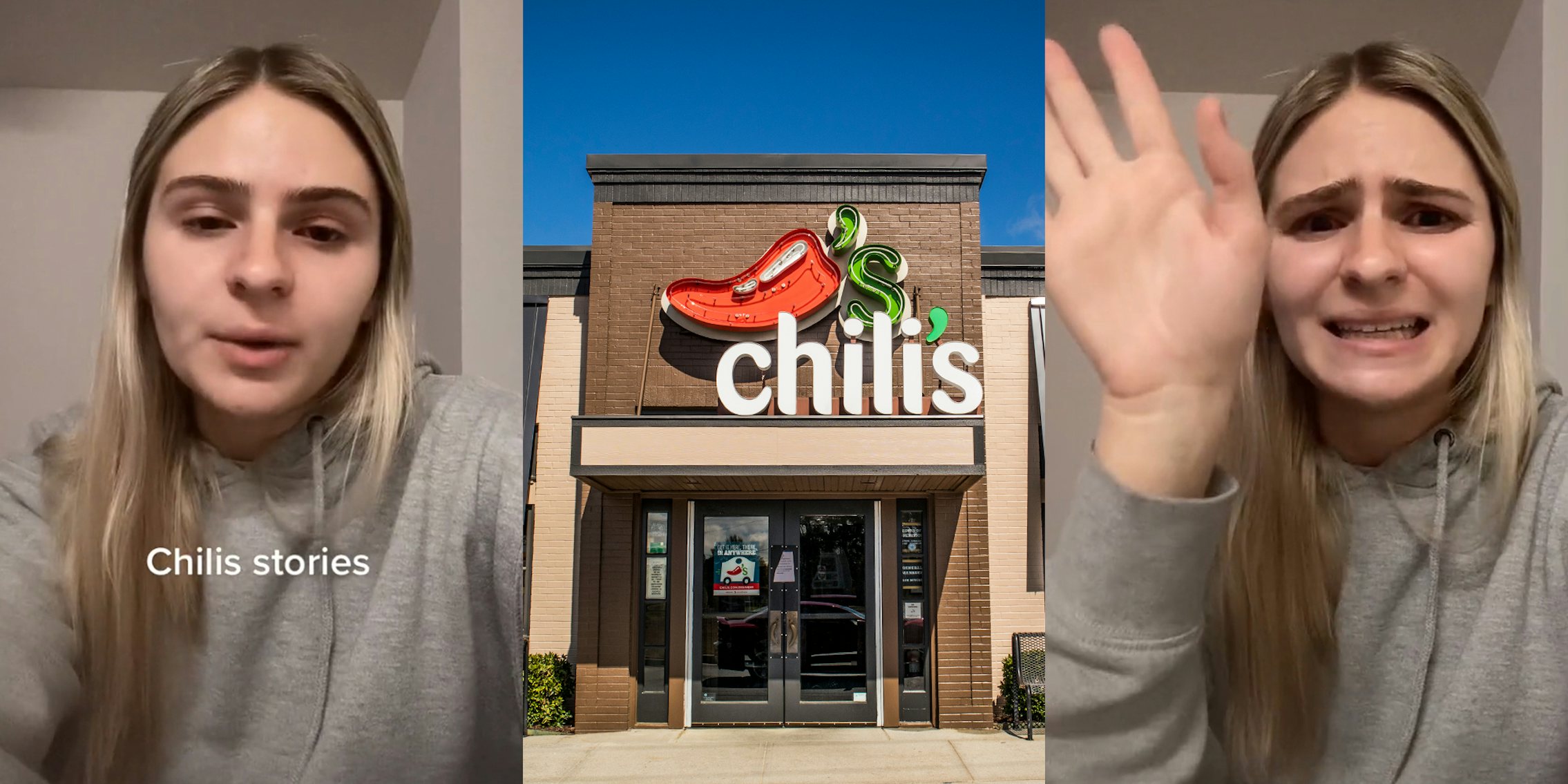 former Chili's employee speaking caption 'Chilis stories' (l) Chili's sign on building (c) former Chili's employee speaking with hand up (r)