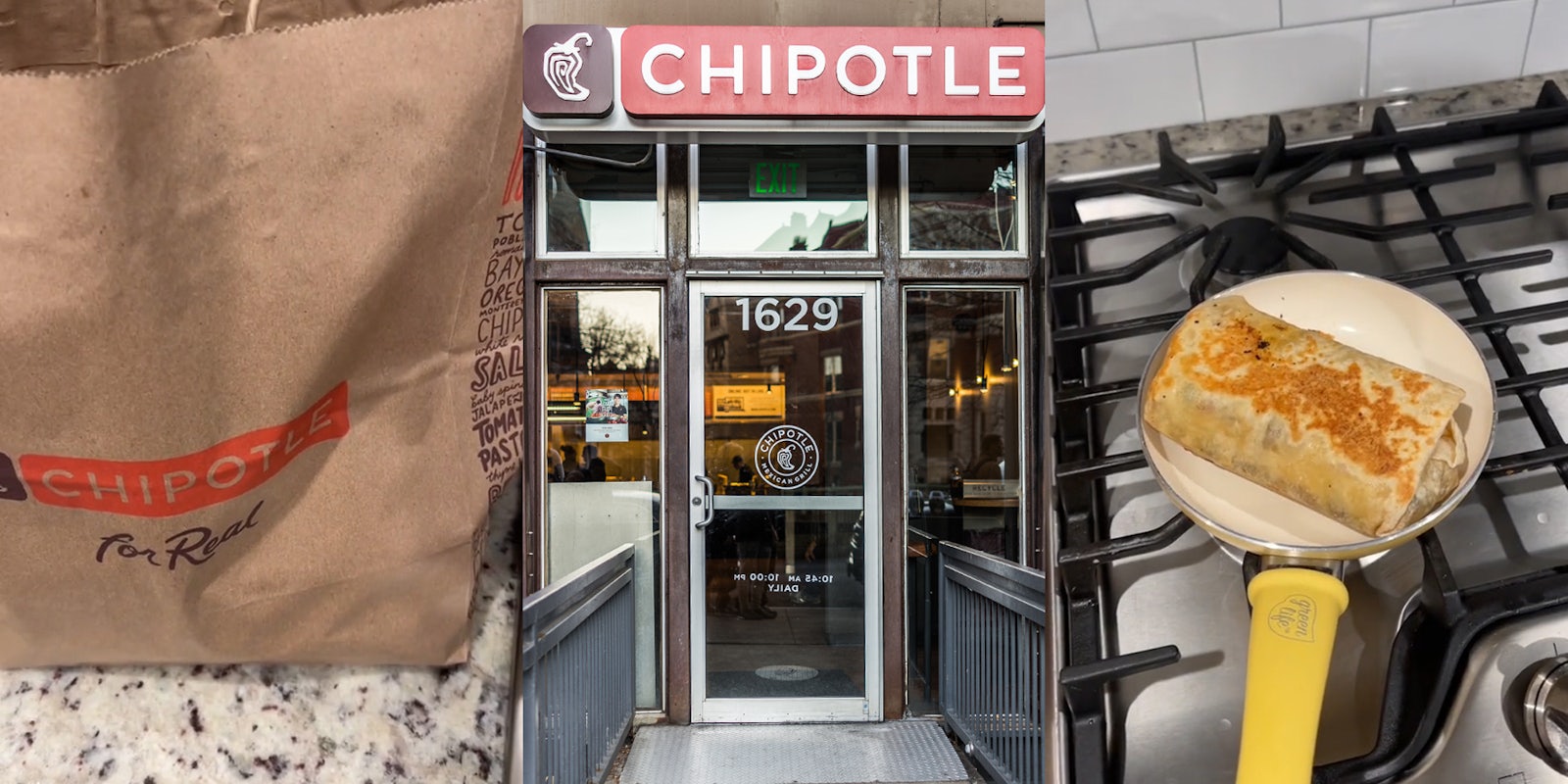 paper bag from Chipotle on counter (l) Chipotle sign above glass door (c) quesadilla in pan on stove (r)
