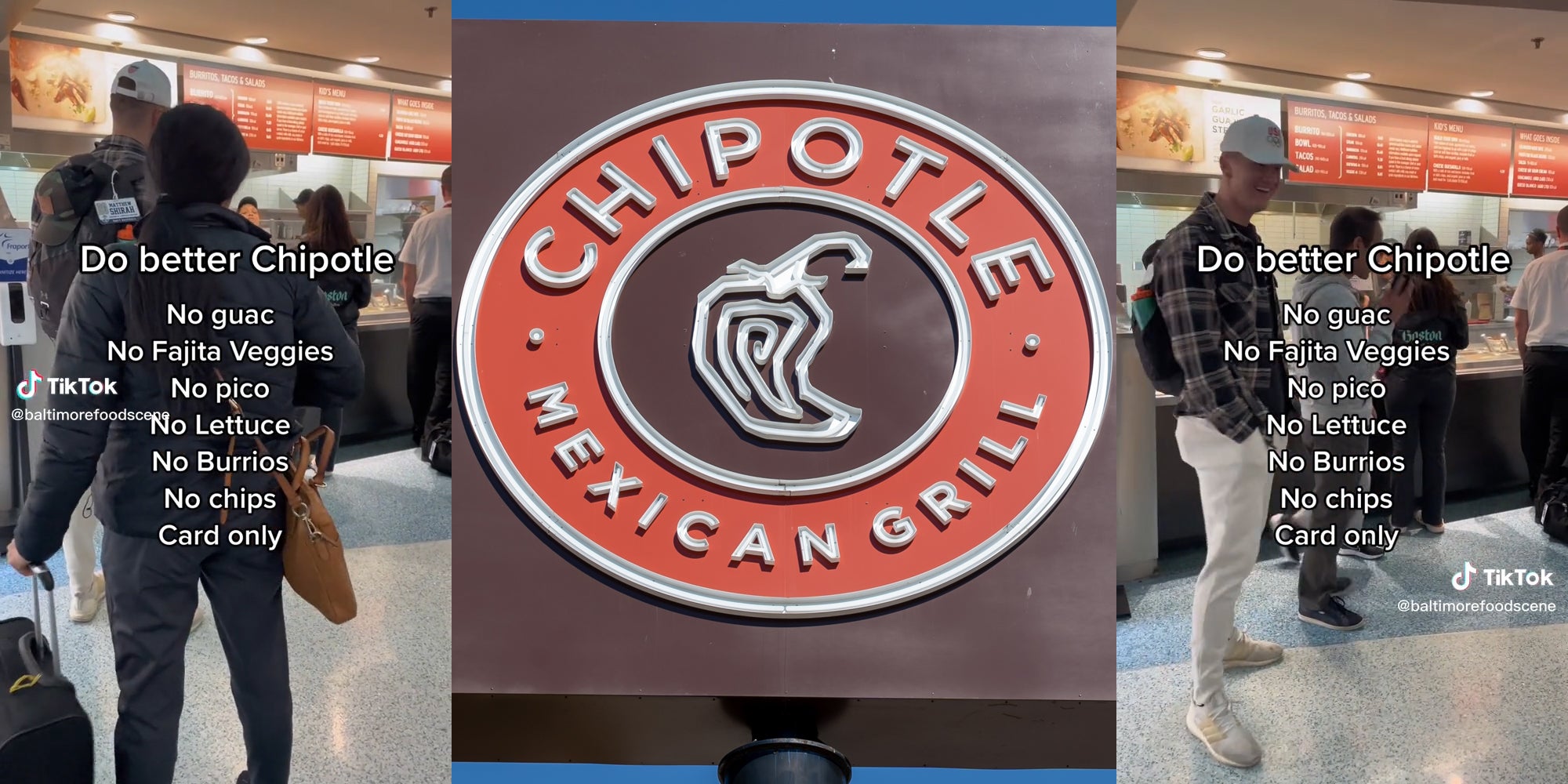 Customers leaving Chipotle as worker reads out items they've run out of.