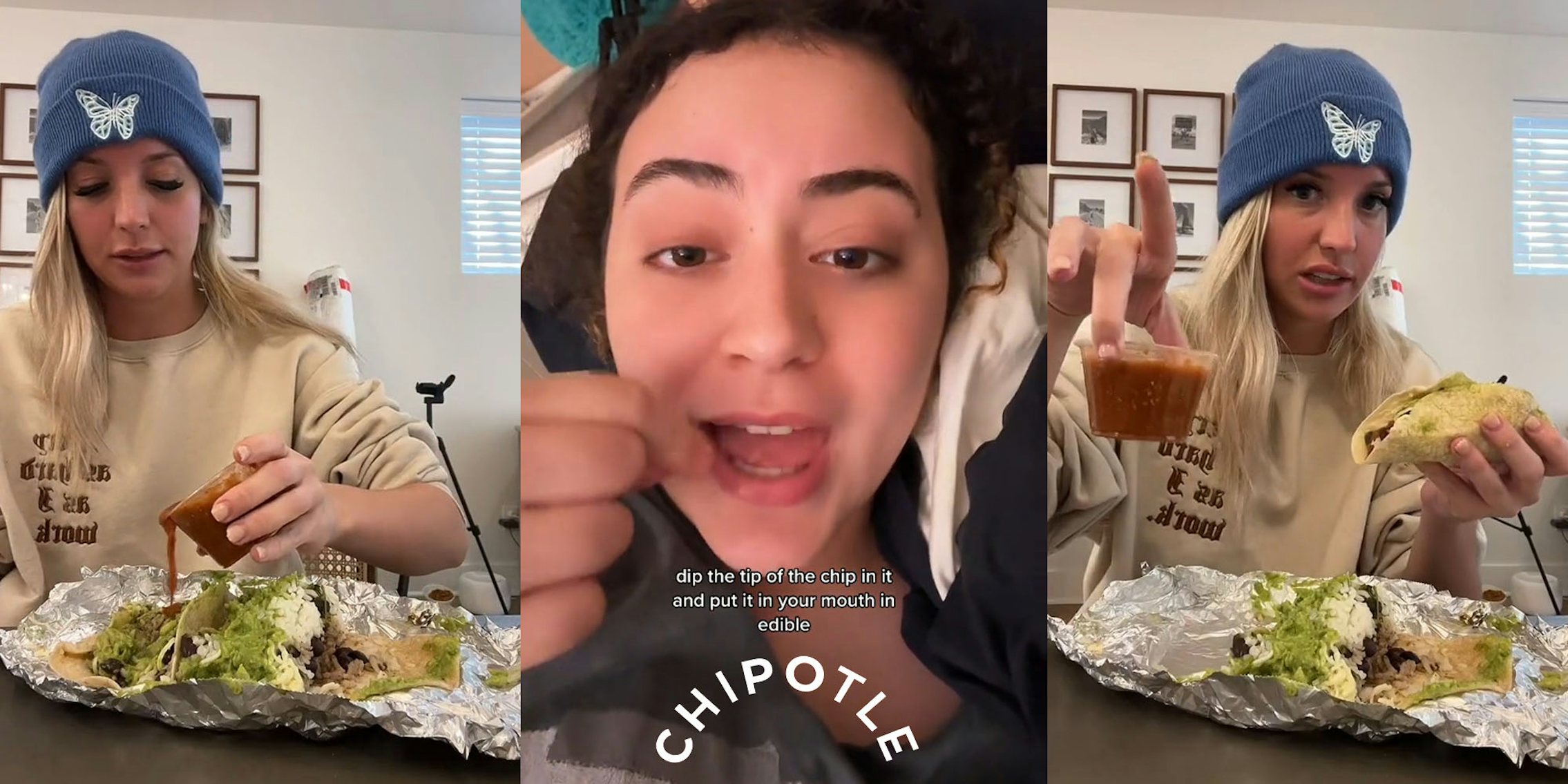 woman pouring Chipotle red sauce on food (l) woman speaking with Chipotle logo centered at bottom caption 'dip the tip of the chip in it and put it in your mouth in edible (c) woman holding Chipotle red sauce and food (r)