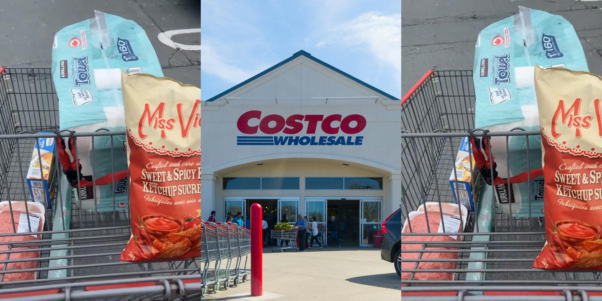 food in grocery cart being pushed at Costco parking lot (l) Costco building with sign (c) food in grocery cart being pushed at Costco parking lot (r)