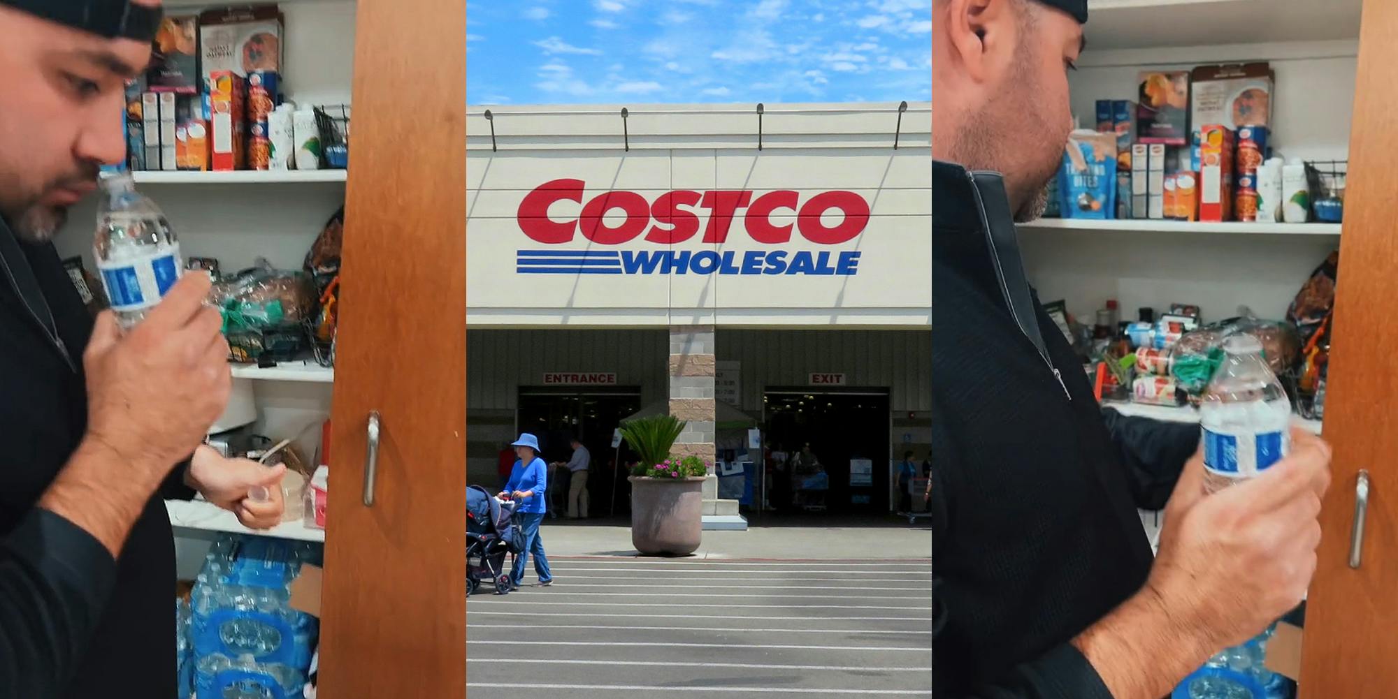man smelling Costco water (l) Costco building with sign and parking lot (c) man turning head away from bottle of Costco water (r)