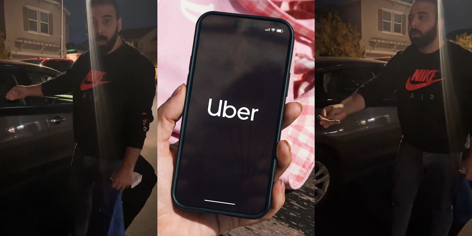 Uber driver speaking holding rag while pointing to car (l) Uber app on phone in hand in front of pink fabric and wooden background (c) Uber driver speaking holding rag in one hand and reaching out other with cash in it while standing next to car (r)