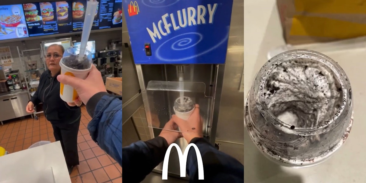McDonald's employee handing McFlurry to customer (l) customer using icecream machine with McDonald's 'M' logo centered at bottom (c) mixed McFlurry on table (r)