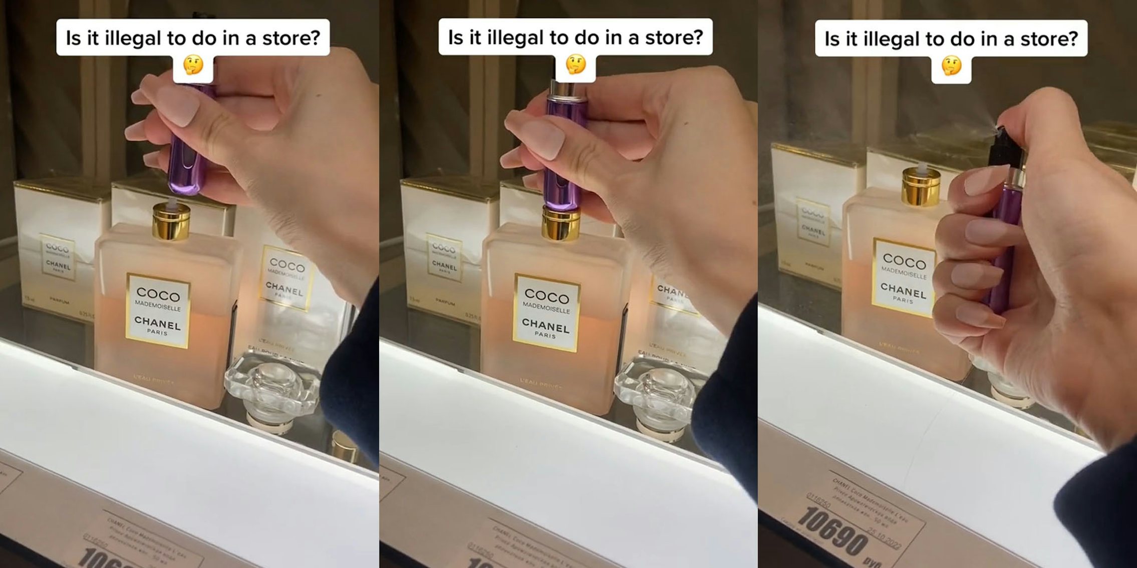 hand with travel perfume container taking some COCO Chanel perfume caption 'Is it illegal to do in store?' (l) hand with travel perfume container hovering over COCO Chanel perfume caption 'Is it illegal to do in store?' (c) hand spraying travel perfume container with COCO Chanel perfume caption 'Is it illegal to do in store?' (r)
